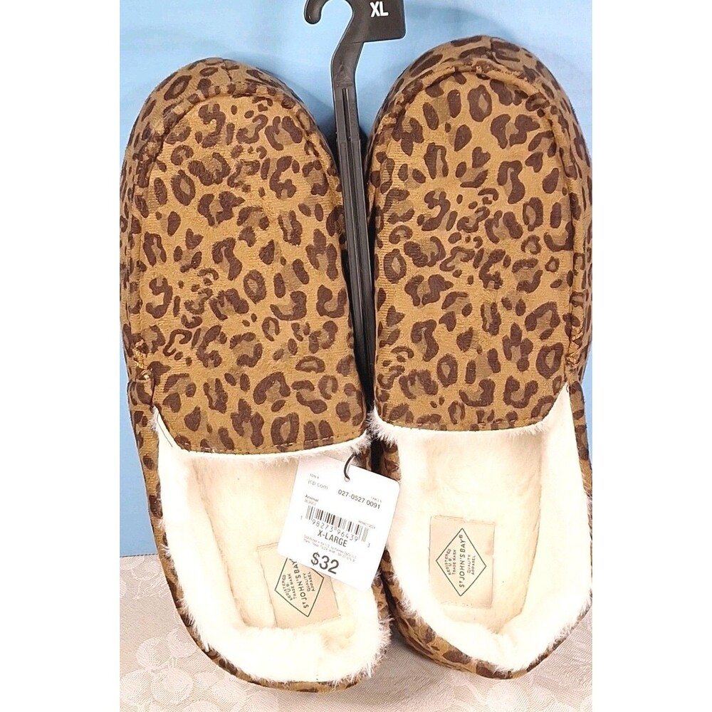 New St. John's Bay Women's Leopard Pt Moccasin XL 11/12 Faux Fur Slippers Shoes